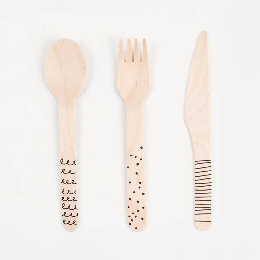 Party Deco 18 Couverts En Bois Graphisme Noir