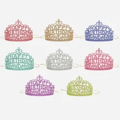 Meri Meri 8 Tiares Glitter Happy Birthday> Chapeaux Pointus
